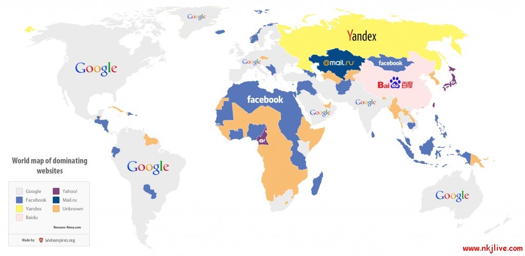 world map of dominating websites 1024x499 world infographics google facebook  World Map of Dominating Websites 